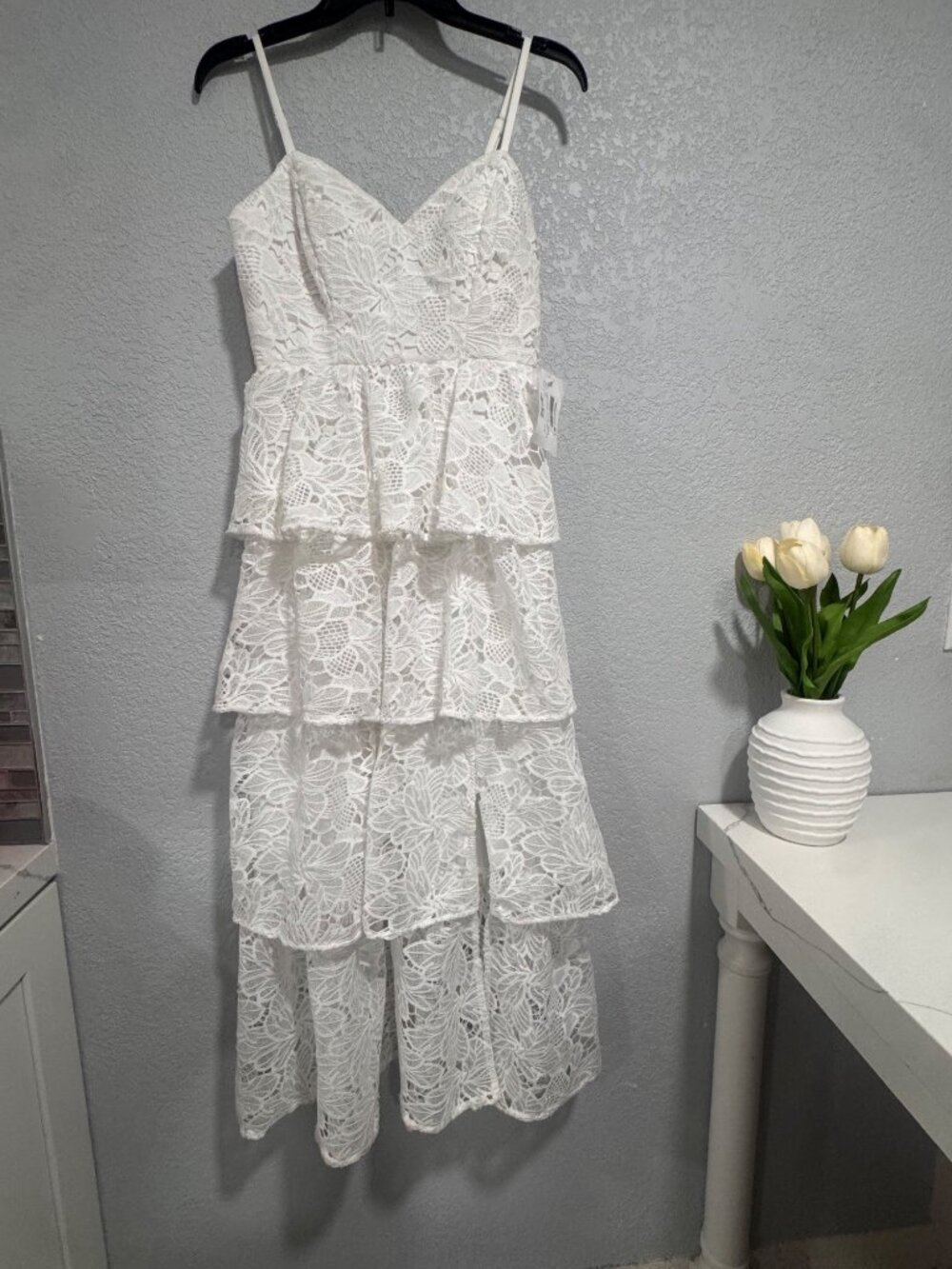 Siena Womens White Tiered Floral Lace Maxi Dress Spaghetti Straps Size 2 Elegant - Picture 5 of 5